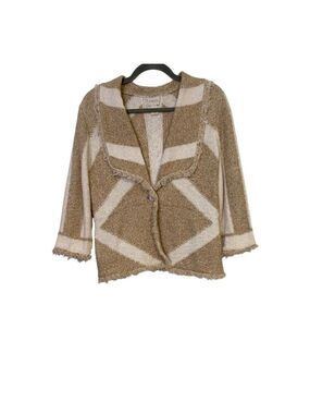 Chicos 0 Women S Beige & White Blazer Fringed Trim One Button Cardigan Preppy